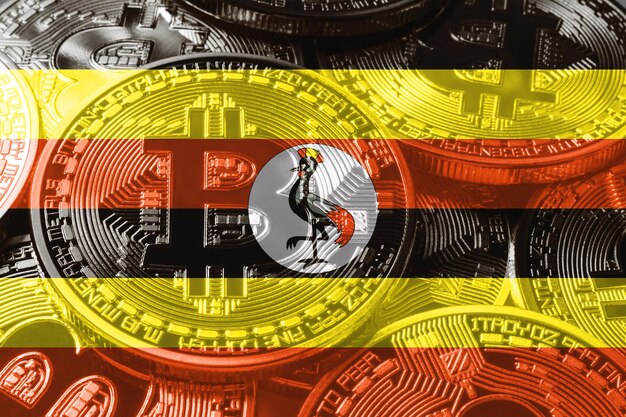 ウガンダビットコインフラグ、国旗暗号通貨の概念黒の背景