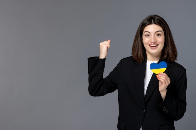 Ukraine russian conflict pretty lovely dark hair woman in black blazer excited for the ukraine