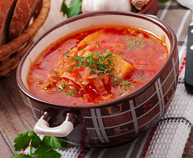 Ukrainian and russian national red soup borsch closeup