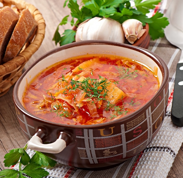 Ukrainian and russian national red soup borsch closeup