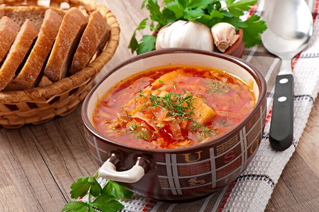 Ukrainian and russian national red soup borsch closeup