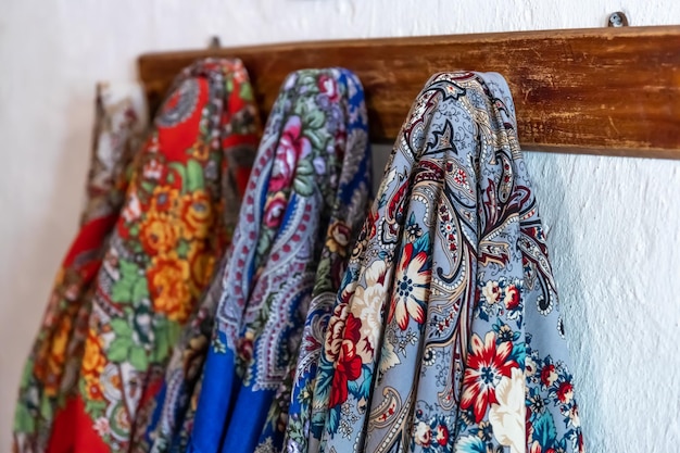 Ukrainian traditional ethnic shawls of different colors and patterns