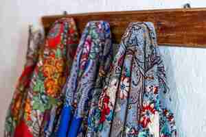 Free photo ukrainian traditional ethnic shawls of different colors and patterns