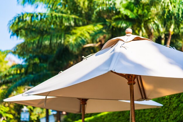 Umbrella with coconut palm tree and sky background