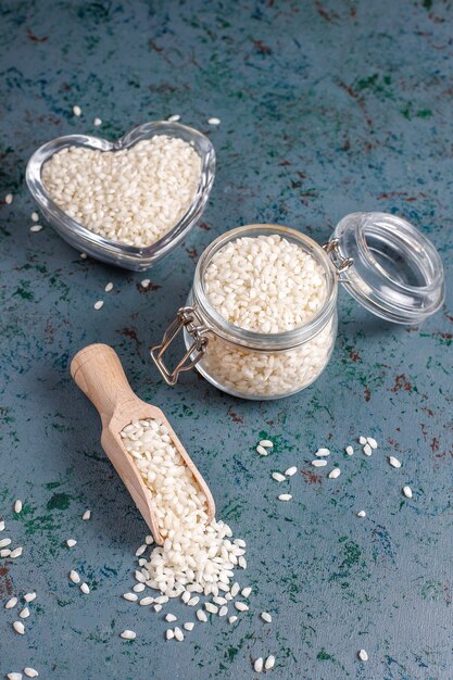 Uncooked organic risotto rice.