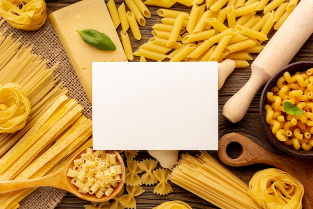 Uncooked pasta with white rectangle mock-up