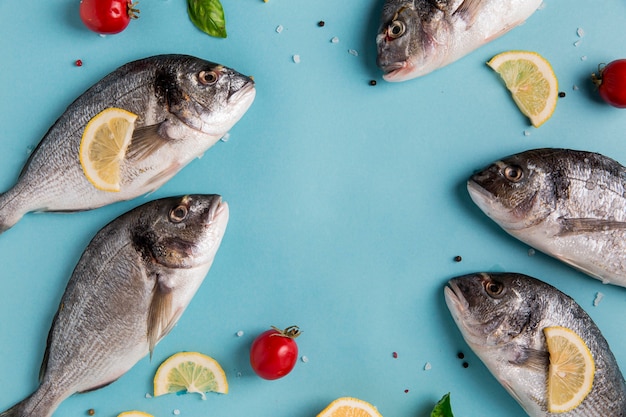 Uncooked seafood fish with lemon and tomatoes