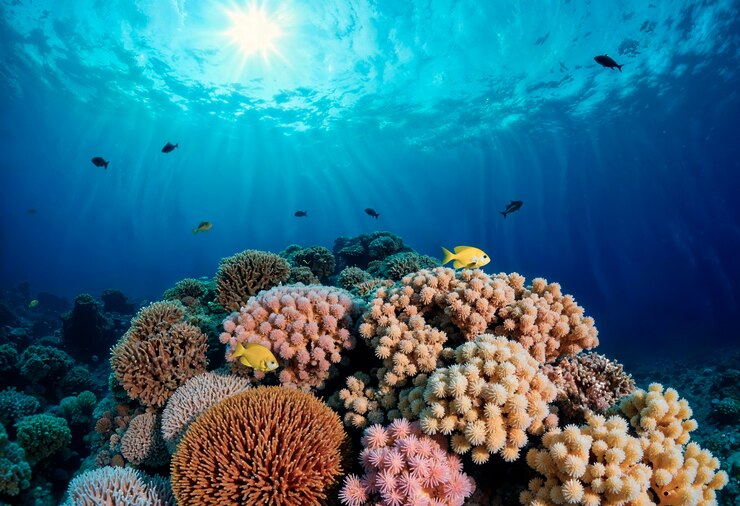 Free Photo underwater coral reef scene with fish and sunlight
