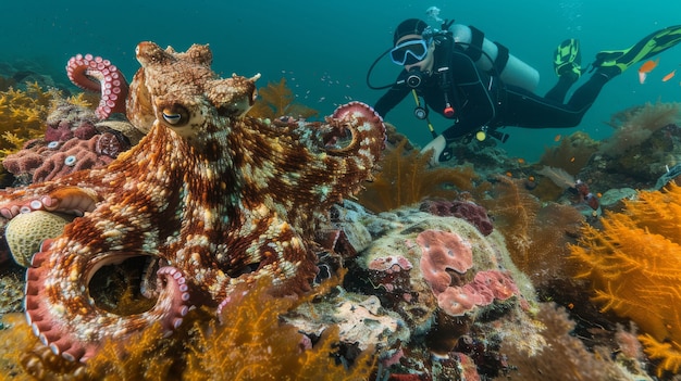 Бесплатное фото Подводный портрет дайвера, исследующего морской мир