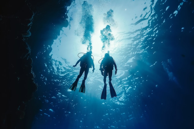 무료 사진 underwater portrait of scuba diver exploring the sea world