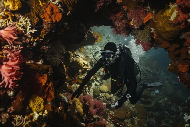 Free photo underwater portrait of scuba diver exploring the sea world