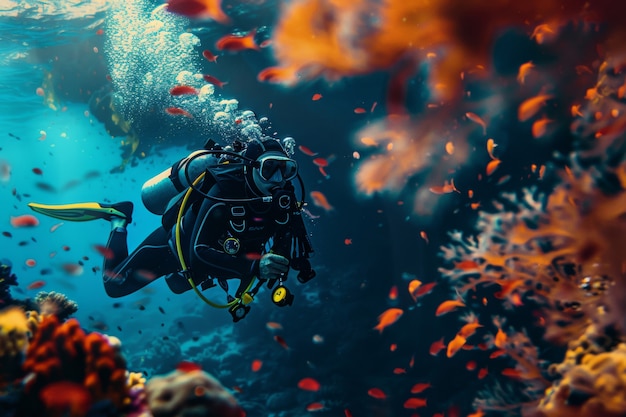 Foto gratuita underwater portrait of scuba diver exploring the sea world