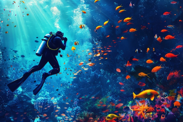 無料Photo 海の世界を探索するスキューバダイバーの水中肖像画