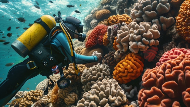 Foto gratuita underwater portrait of scuba diver exploring the sea world