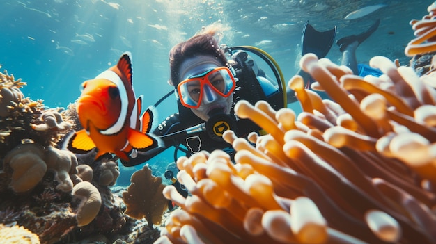 Free photo underwater portrait of scuba diver exploring the sea world