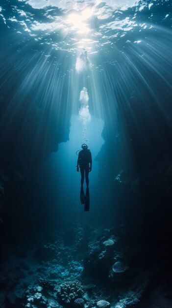 Underwater portrait of scuba diver exploring the sea world