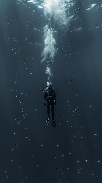 Free photo underwater portrait of scuba diver exploring the sea world