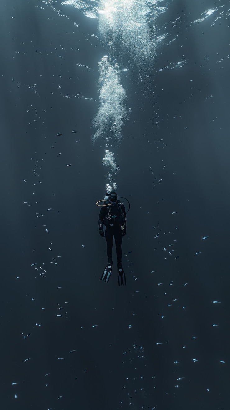 無料Photo 海の世界を探索するスキューバダイバーの水中肖像画