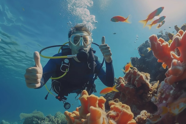 海の世界を探索するスキューバダイバーの水中肖像画