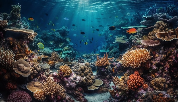 AI によって生成された豊かな海洋生物が生息する水中サンゴ礁