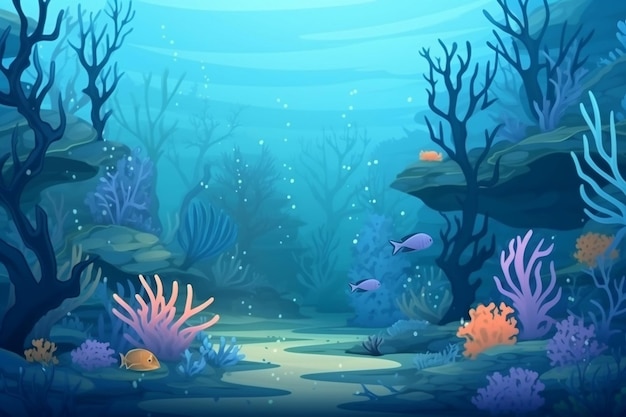 행복하고 손길이 닿지 않은 해양 생물 생성 인공 지능의 수중 장면