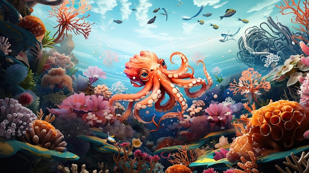 Бесплатное фото Подводная сцена с морской жизнью в мультяшном стиле