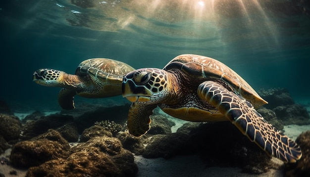 Free photo underwater turtle swimming in idyllic tropical reef generated by ai