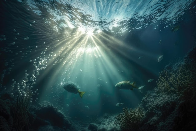 Free photo underwater view of the coral reef with fishes and rays of sunlight