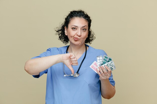 Недовольная женщина-врач средних лет в униформе и со стетоскопом на шее показывает пачки таблеток, смотрит в камеру, показывая большой палец вниз на оливковом фоне