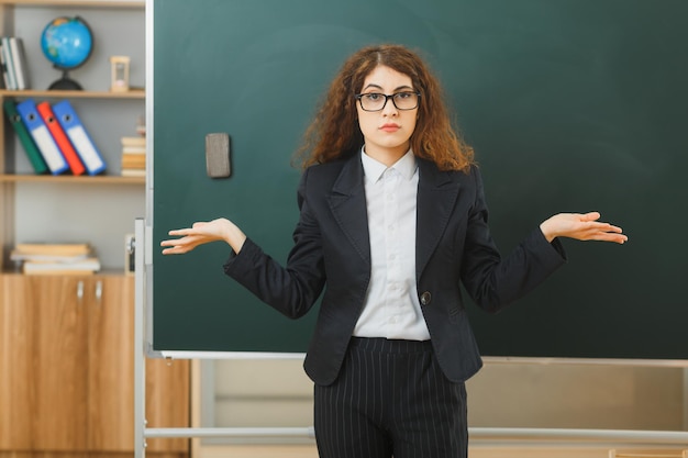 教室の前の黒板に立っている若い女教師が手を広げて不機嫌