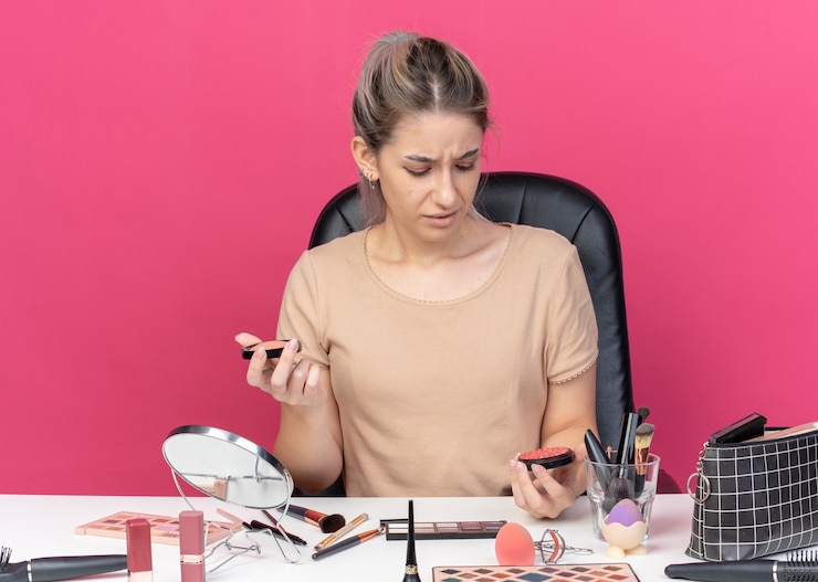 मुफ़्त फोटो unpleased young beautiful girl sits at table with makeup tools holding and looking at powder blush isolated on pink background