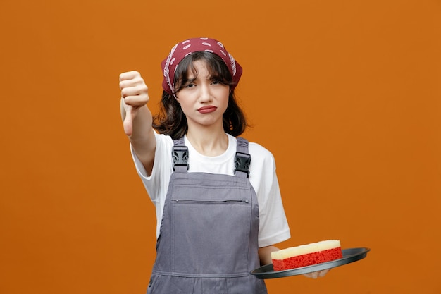 Unpleased young female cleaner wearing uniform and bandana holding tray with sponge in it looking at camera showing thumb down isolated on orange background