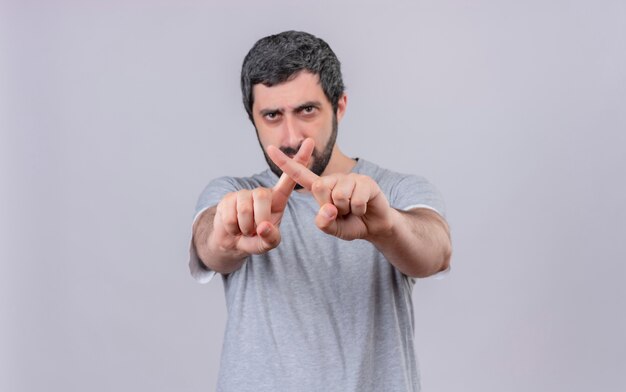 Unpleased young handsome caucasian man doing no gesture at camera isolated on white background with copy space
