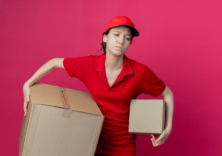 Free Photo unpleased young pretty delivery girl in red uniform and cap looking at side and holding carton boxes