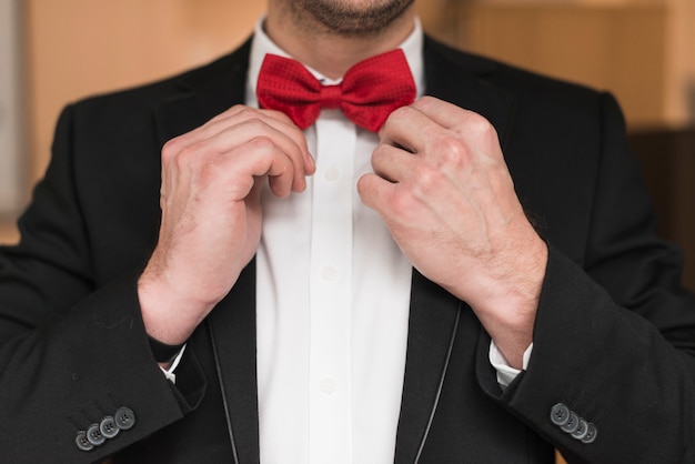 Unrecognizable businessman adjusting bow tie