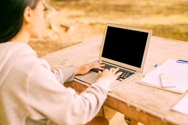 Unrecognizable female sitting at desk and texting on laptop