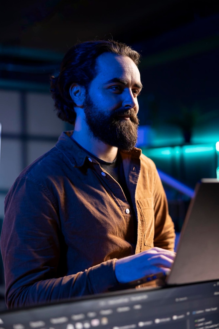 Free Photo upbeat it expert pleased after increasing data security using laptop