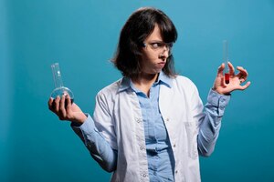 化学の未確認の化合物で満たされた化学ガラスの瓶を保持している怒っているプロの実験室の化学者を動揺させます。液体物質で満たされたガラスフラスコを持っている生化学の専門家。