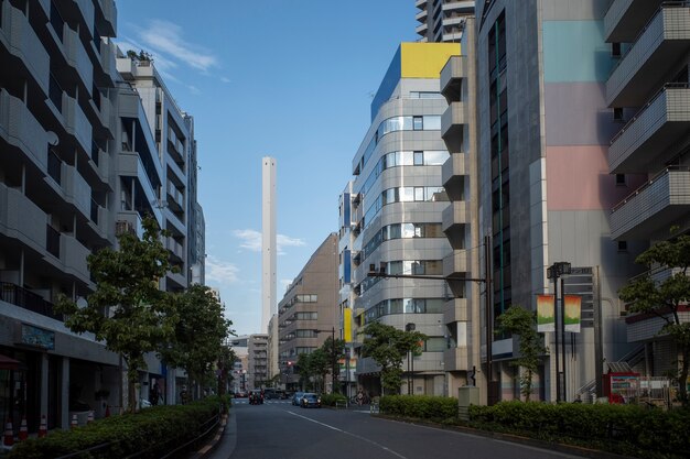 Urban view with buildings and tall chimney