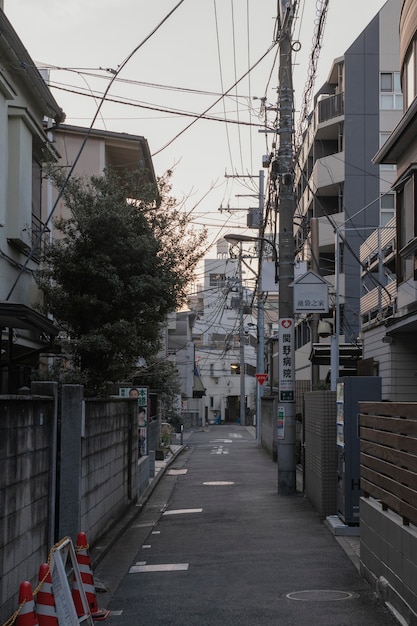 Urban view with narrow street and buildings