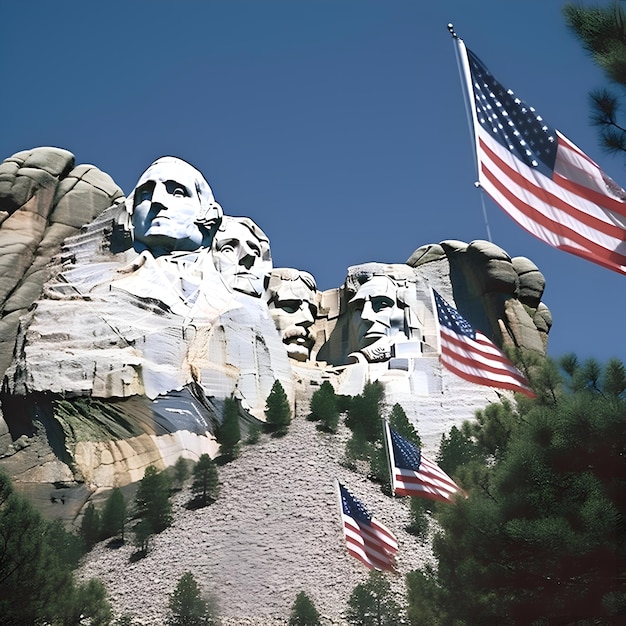 アメリカ合衆国国旗と岩の背景にあるアブラハム・リンカーンの像