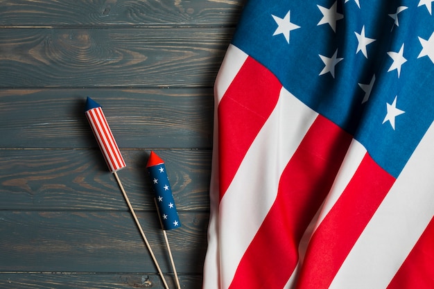 USA flag with crackers on table