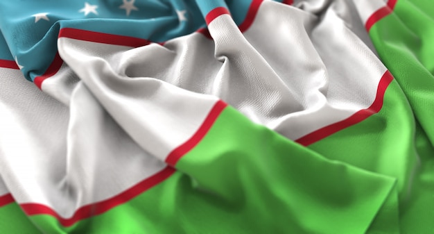ウズベキスタンの旗が美しく波打つマクロの接写
