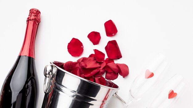 Valentine's day arrangement with champagne and glasses