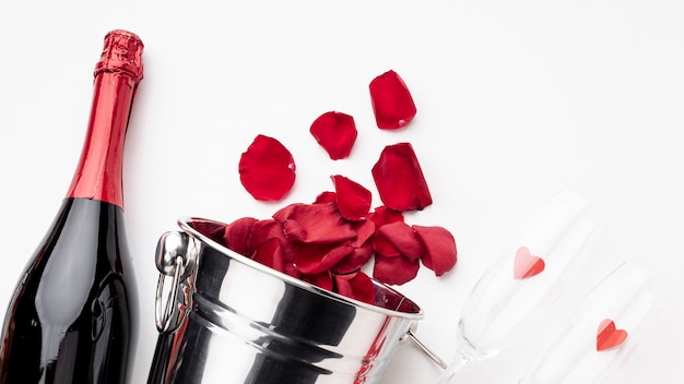 Valentine's day arrangement with champagne and glasses