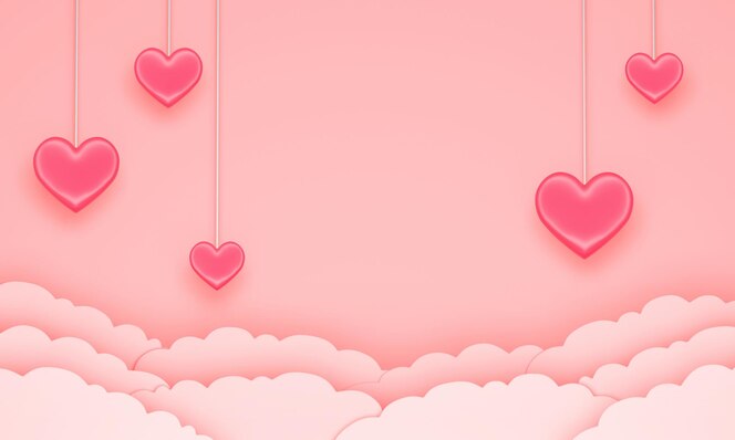 Valentine's day background with pink hearts above the clouds. 3d rendering