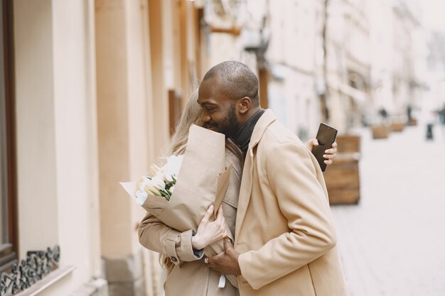 Valentine's day concept. People walks outside. Mixed people in a city.