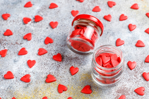 Valentine's Day red heart shaped sprinkles.