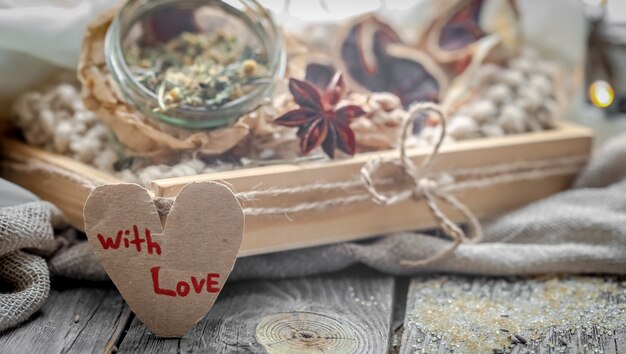 Valentine's day still life with tea and a heart