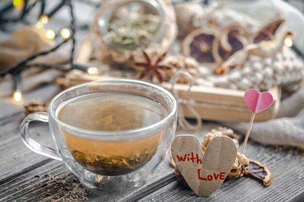 Valentine's day still life with tea and a heart